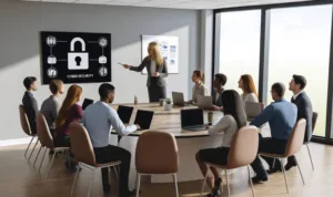Employees sat around a table doing cyber security training